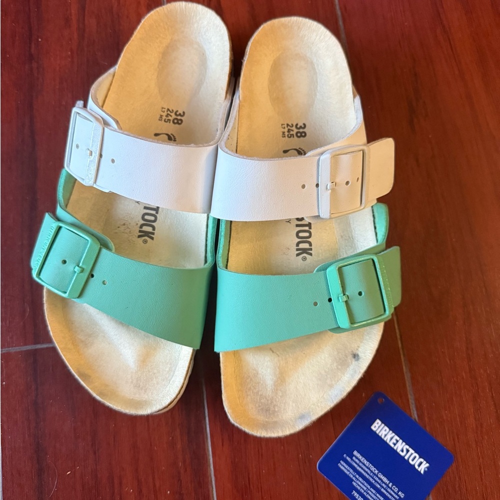 Birkenstock split birko-flor Arizona Sandals, size 38 white turquoise